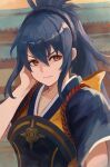 1girl angry armor black_hair black_hairband black_kimono breastplate brown_eyes commentary fire_emblem fire_emblem_fates hair_between_eyes hairband hand_on_own_face highres japanese_clothes kimono labebebe_lee long_hair looking_at_viewer oboro_(fire_emblem) ponytail sidelocks solo 