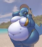  anthro beach belly big_belly big_breasts bikini blue_body blue_fur blue_hair breasts canid canine canis clothing cloud eyewear female fur hair half-closed_eyes hat headgear headwear heftyhorsehostler hi_res looking_at_viewer mammal multi_nipple narrowed_eyes navel nipples obese obese_anthro obese_female outside overweight overweight_anthro overweight_female seaside sky smile solo sun_hat sunglasses swimwear under_belly white_body white_fur wolf yellow_eyes 