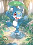  artist_request blush digimon digimon_(creature) forest highres holding holding_leaf leaf nature no_humans official_art one_eye_closed open_mouth outdoors puddle splashing tree veemon 