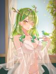  1girl animal antlers babydoll bird bird_on_hand branch breasts ceres_fauna collarbone curtains flower green_hair hair_flower hair_ornament highres hololive hololive_english large_breasts leaf lingerie long_hair looking_at_viewer mole mole_under_eye navel panties parted_lips see-through see-through_sleeves shirase_rin smile solo stomach underwear virtual_youtuber wavy_hair white_babydoll white_flower white_panties window yellow_eyes 