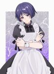  1boy alternate_costume apron black_bow black_bowtie black_dress black_ribbon blunt_ends border bow bowtie buttons closed_mouth crossdressing crossed_arms dress enmaided eyeshadow fingernails floral_background flower genshin_impact gradient_background grey_background heimi_(himi) highres looking_at_viewer maid makeup male_focus mandarin_collar no_headwear outside_border puffy_short_sleeves puffy_sleeves purple_background purple_eyes purple_hair red_eyeshadow ribbon rose scaramouche_(genshin_impact) short_hair short_sleeves solo standing v-shaped_eyebrows white_apron white_border wrist_cuffs 