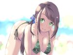  1girl bare_shoulders bikini blue_scrunchie blurry blurry_background blush breasts brown_hair camouflage camouflage_bikini cleavage closed_mouth collarbone commentary_request covered_nipples green_eyes hair_ornament hair_scrunchie highres idolmaster idolmaster_cinderella_girls idolmaster_cinderella_girls_starlight_stage large_breasts leaning_forward long_hair looking_at_viewer motogashi ponytail scrunchie side-tie_bikini_bottom smile solo swimsuit yamato_aki 