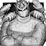  1boy bara black_background border commentary crossed_arms dekaidonguri earrings extra_hands eyes_in_shadow greyscale helmet highres jewelry large_pectorals looking_at_viewer male_focus monochrome muscular muscular_male outside_border pectorals polka_dot polka_dot_background shiva_(housamo) solo sweater symbol-only_commentary tokyo_afterschool_summoners turtleneck turtleneck_sweater upper_body veins veiny_hands white_border 