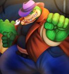  2023 5_fingers absurd_res alligator alligatorid anthro belly biped brok_(character) brok_the_investigator clothing crocodilian fingers green_body hat headgear headwear hi_res humanoid_hands muscular nailing_nails overweight reptile scalie shirt solo topwear 