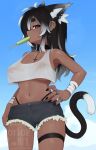  1girl animal_ears bandaged_arm bandages bare_arms bare_shoulders bikini bikini_bottom_only black_bikini black_eyes black_hair black_nails borrowed_character breasts cat_ears cat_girl cat_tail commentary cowboy_shot crop_top crop_top_overhang cross cross_earrings cross_necklace cutoffs dark-skinned_female dark_skin earclip earrings english_commentary extra_ears food_in_mouth gradient_hair grey_shorts hand_on_own_hip highres industrial_piercing jewelry long_hair looking_at_viewer makina_(makinakid) midriff multicolored_hair nail_polish navel necklace nipples original panty_straps popsicle_in_mouth puffy_nipples ring see-through shiny_skin short_shorts shorts solo string_bikini swimsuit tail thick_eyebrows thigh_strap underboob watermark white_hair yoako 
