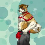  absurd_res akita american_akita anthro bdsm bdsm_collar bdsm_gear bdsm_outfit blush bodily_fluids body_hair bottomwear brown_body brown_fur butt canid canine canis chest_hair chest_tuft clothed clothing collar cum cum_drip cum_inside digital_media_(artwork) domestic_dog dripping embarrassed fluffy fluffy_tail fur genital_fluids green_background green_body green_fur hair harness hi_res horn jinxed_arts leather leather_clothing leather_collar leather_harness leather_topwear male mammal musclegut muscular muscular_anthro muscular_male nipples pants pecs pubes simple_background solo spitz tail tail_curl tight_bottomwear tight_clothing tight_pants tight_pants_(meme) topwear tuft white_body white_fur 