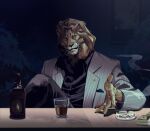  2023 5_fingers anthro beverage black_clothing black_topwear bottle clothed clothing container felid fingers fur hair hi_res lion lljh mammal mane mane_hair money pantherine pinstripes solo topwear whiskers 