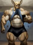  2023 abs anthro artist_name biceps black_bottomwear black_clothing black_shorts blonde_hair blue_clothing blue_eyes blue_shirt blue_tank_top blue_topwear bottomwear brown_body brown_fur cellphone claws clothed clothing clothing_lift deltoids finger_claws flexor_carpi fur hair hi_res holding_cellphone holding_object holding_phone holding_smartphone lagomorph leporid locker locker_room male mammal multicolored_body multicolored_fur muscular muscular_anthro muscular_arms muscular_male muscular_thighs navel obliques oldshep pecs phone quads rabbit selfie shirt shirt_in_mouth shirt_lift shorts smartphone solo tan_body tan_fur tank_top topwear triceps two_tone_body two_tone_fur vein veiny_muscles 