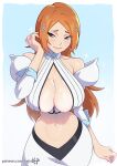  1girl bare_shoulders bleach bleach:_the_thousand-year_blood_war breasts brown_eyes cleavage_cutout closed_mouth clothing_cutout cropped_shirt detached_sleeves hair_ornament hairpin inoue_orihime kajin_(kajinman) large_breasts long_hair long_skirt midriff navel orange_hair parted_bangs shirt simple_background skirt sleeveless sleeveless_shirt smile solo standing stomach striped striped_shirt vertical-striped_shirt vertical_stripes white_shirt white_skirt white_sleeves 