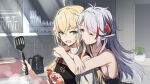  2girls admiral_hipper_(azur_lane) anger_vein apron azur_lane blonde_hair blush breasts cabinet collarbone cross cup drinking_glass fang from_side gotyou green_eyes grey_hair hair_between_eyes highres holding holding_spatula hug hug_from_behind iron_cross long_hair looking_at_another mole mole_under_eye multicolored_hair multiple_girls open_mouth plate prinz_eugen_(azur_lane) puckered_lips red_eyes red_hair sideboob spatula streaked_hair toaster yuri 