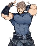  1boy ^_^ absurdres aged_up bara biceps blue_shirt bracer closed_eyes covered_navel cowboy_shot facial_hair fingerless_gloves gloves graysheartart highres large_pectorals light_brown_hair male_focus mature_male muscular muscular_male pectorals rex_(xenoblade) salute scar scar_across_eye shirt short_hair solo spiked_hair stubble tight_clothes tight_shirt unfinished white_background xenoblade_chronicles_(series) 
