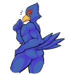  anthro avian beak bird blue_body blue_feathers butt falco_lombardi feathers green_eyes hi_res male nintendo rear_view shenaniganzaa simple_background smile solo standing star_fox tail_feathers white_background 