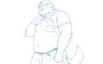  2023 anthro belly bottomwear canid canine canis clothed clothing clothing_lift domestic_dog humanoid_hands kemono male mammal moobs navel nipples oogamikennta overweight overweight_male pants shirt shirt_lift simple_background solo topwear white_background 