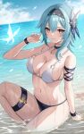  1girl bare_shoulders beach bikini black_bikini black_hairband blue_hair blue_sky blush breasts brown_eyes bug butterfly choker cleavage collarbone eula_(genshin_impact) genshin_impact hair_ornament hairband harimoji highres large_breasts looking_at_viewer medium_hair mismatched_bikini navel o-ring ocean shore sidelocks sitting sky smile solo swimsuit thigh_strap thighs wet white_bikini wristband 