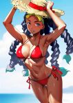  1girl armpits beach bikini breasts cleavage dark-skinned_female dark_skin gradient_hair hat highres kimberly_jackson looking_to_the_side multicolored_hair navel ocean quad_braids red_bikini solo stomach straw_hat street_fighter street_fighter_6 swimsuit thigh_gap tongue tongue_out yagi05142629 