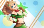  1girl :d animal_ears bandana bare_shoulders belt blue_eyes breasts brown_belt brown_gloves cleavage commentary_request crop_top gloves green_shirt green_skirt hair_ornament highres horse_ears kiazuma long_hair looking_at_viewer medium_breasts midriff navel off-shoulder_shirt off_shoulder open_mouth orange_hair ponytail shirt short_sleeves skirt smile solo star_(symbol) star_hair_ornament stomach taiki_shuttle_(umamusume) umamusume 