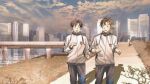  2boys bachira_meguru black_hair black_pants blue_lock bridge building cityscape clenched_hands cloud commentary feet_out_of_frame grey_eyes highres isagi_yoichi jacket jogging looking_at_another male_focus multiple_boys open_mouth outdoors pants river shadow short_hair sky smile standing symbol-only_commentary white_jacket yellow_eyes yorha_2b2e 