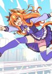  1girl animal_ears black_bow blue_sky bow brown_footwear clenched_hand cloud cloudy_sky commentary_request ear_bow feet_out_of_frame highres horse_ears horse_tail long_hair mayano_top_gun_(umamusume) open_mouth orange_eyes orange_hair outdoors pleated_skirt purple_shirt purple_shorts purple_skirt purple_thighhighs sailor_collar school_uniform shirt shorts skirt sky smile solo sun tail teeth thighhighs tracen_school_uniform two_side_up umamusume upper_teeth_only wahiko_(black_bastard) white_bow winter_uniform 