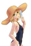  1girl blonde_hair blue_one-piece_swimsuit breasts cdefsorab commentary_request cowboy_shot eyelashes food from_side green_eyes hair_between_eyes hand_up hat head_tilt highres holding holding_food kariya_wakana light_blush looking_at_viewer one-piece_swimsuit open_mouth popsicle sanoba_witch school_swimsuit short_hair simple_background small_breasts solo standing straw_hat swimsuit teeth upper_teeth_only white_background 