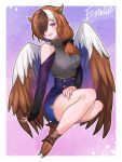  1girl absurdres animal_ears animal_feet bird_wings blue_skirt brown_hair brown_wings claws clothing_cutout estelle_(cieluscian) feathered_wings full_body gradient_background gradient_eyes grey_sweater hair_ornament hair_over_one_eye hair_over_shoulder hair_scrunchie harpy high-waist_skirt highres long_hair long_sleeves looking_at_viewer low_ponytail monster_girl multicolored_background multicolored_eyes multicolored_hair open_mouth original pink_background pink_eyes purple_background purple_eyes scrunchie second-party_source shoulder_cutout sitting skirt sleeveless sleeveless_sweater sleeves_past_wrists solo streaked_hair sweater tokitou_fuji turtleneck turtleneck_sweater white_hair wings 