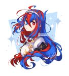  1girl alear_(female)_(fire_emblem) alear_(fire_emblem) armor blue_eyes blue_hair braid breasts crossed_bangs crown_braid fire_emblem fire_emblem_engage heterochromia highres long_hair looking_at_viewer medium_breasts multicolored_hair red_eyes red_hair sandragh simple_background solo split-color_hair tiara two-tone_hair upper_body very_long_hair white_background 