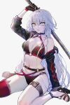  1girl ahoge arm_up belt bikini black_bikini black_choker black_gloves black_jacket breasts brown_belt choker cleavage commentary_request cropped_jacket fate/grand_order fate_(series) flame_print gloves grey_background grey_hair hair_between_eyes highres holding holding_sword holding_weapon jacket jeanne_d&#039;arc_alter_(fate) jeanne_d&#039;arc_alter_(swimsuit_berserker)_(fate) katana large_breasts long_hair long_sleeves looking_at_viewer nail_polish navel nipi27 o-ring o-ring_bikini o-ring_bottom o-ring_top off_shoulder parted_lips print_bikini red_nails red_thighhighs single_thighhigh sitting solo strappy_heels swimsuit sword thigh_belt thigh_strap thighhighs toenail_polish toenails toes wariza weapon yellow_eyes 