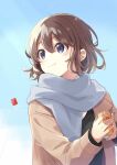  1girl black_hair black_sweater brown_hair brown_jacket can grey_scarf hair_between_eyes highres holding holding_can jacket kite kite_flying layered_clothes long_sleeves looking_to_the_side nifu original scarf shirt short_hair sky solo sweater white_shirt 