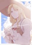  1girl blonde_hair blue_sky border brown_headwear brown_vest cloud cloudy_sky collared_shirt cup highres holding holding_cup jacket_girl_(dipp) laspberry. long_hair long_sleeves neck_ribbon outdoors parted_bangs red_ribbon ribbon shirt sidelocks sky solo touhou upper_body vest white_border white_shirt yellow_eyes 