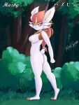  amira_o&#039;neil anthro breasts butt cinderace female generation_8_pokemon hair hi_res nintendo nipples notched_ear nude outside pink_nipples plant pokemon pokemon_(species) red_eyes red_hair renaspyro scut_tail short_tail solo tail tree white_body 