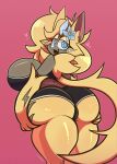  2023 absurd_res anthro aurora_(nbanoob) big_breasts big_butt biped breasts butt clothed clothing digital_media_(artwork) female generation_7_pokemon hi_res huge_breasts huge_butt legendary_pokemon looking_at_viewer looking_back narrowed_eyes nintendo pokemon pokemon_(species) rear_view simple_background smile solo thick_thighs wide_hips wolito zeraora 