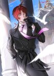  1boy 23cifang ahoge black_coat black_gloves blue_eyes bungou_stray_dogs cigarette coat collared_shirt cowboy_shot day gloves hand_in_pocket hand_up highres holding holding_cigarette long_sleeves male_focus necktie oda_sakunosuke_(bungou_stray_dogs) parted_lips purple_necktie red_hair shirt short_hair smoke smoking solo standing twitter_username white_shirt 