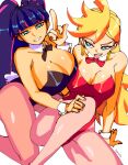  2girls 3amsoda blonde_hair blue_eyes blue_hair bow bowtie breasts cleavage eyeshadow highres large_breasts long_hair looking_at_another looking_at_viewer makeup multiple_girls open_mouth panty_&amp;_stocking_with_garterbelt panty_(psg) pink_eyeshadow playboy_bunny pointing pointing_up signature simple_background smile stocking_(psg) white_background 