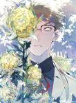  1boy black_shirt bolo_tie bungou_stray_dogs collared_shirt flower glasses green_jacket highres jacket kunikida_doppo_(bungou_stray_dogs) long_hair looking_at_viewer male_focus oberon0614 one_eye_covered parted_lips ponytail shirt solo upper_body yellow_eyes yellow_flower 