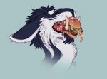  2023 ambiguous_gender blue_background blue_body blue_ears blue_fur brown_eyes burger dated ears_back eating feral food food_in_mouth fur glistening glistening_eyes hi_res long_neck narrowed_eyes pivoted_ears riorix simple_background solo white_body white_ears white_fur 