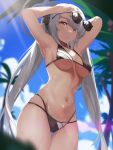  1girl absurdres armpits arms_up bikini black_bikini black_ribbon blue_archive blue_sky blurry breasts chromatic_aberration cloud commentary covered_nipples cowboy_shot day depth_of_field elise_(wdsm2344) eyewear_removed grey_hair hair_ribbon halterneck highres holding holding_removed_eyewear iori_(blue_archive) iori_(swimsuit)_(blue_archive) lens_flare long_hair looking_at_viewer medium_breasts multi-strapped_bikini_bottom navel official_alternate_costume outdoors palm_tree ribbon sky solo standing string_bikini sunglasses sunlight sweat swimsuit tree twintails very_long_hair 