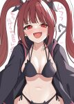  1girl bikini binsen black_bikini black_jacket blush breasts breasts_apart brown_hair demon_tail fang highres idolmaster idolmaster_million_live! jacket long_hair matsuda_arisa medium_breasts navel open_clothes open_jacket red_eyes side-tie_bikini_bottom simple_background smile solo string_bikini swimsuit tail translation_request twintails very_long_hair white_background 