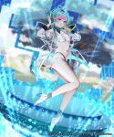  1girl aqua_hair bare_shoulders blurry blurry_background braid breasts cassius_(phantom_of_the_kill) chigusa_minori collarbone crop_top film_grain full_body gradient_hair headphones high_heels highleg highleg_panties highres jacket light_blush light_particles long_hair long_sleeves looking_at_viewer medium_breasts micro_shorts multicolored_hair navel panties parted_lips phantom_of_the_kill pink_hair see-through see-through_jacket shirt shorts solo stomach twin_braids underboob underwear white_footwear white_shirt yellow_eyes 