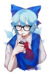  1girl absurdres ascot bespectacled blue_bow blue_eyes blue_hair blue_vest bow cigarette cirno cirno_day closed_mouth collared_shirt commentary_request cropped_torso glasses hair_bow hand_up highres holding holding_lighter ice ice_wings lighter looking_at_viewer red_ascot shirt short_hair simple_background sinonon218 solo touhou vest white_background white_shirt wings 