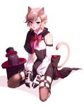  1boy :p absurdres animal_ears annidrw black_gloves black_headwear blonde_hair bow cat_ears cat_tail facial_mark genshin_impact gloves hat highres long_sleeves lyney_(genshin_impact) male_focus purple_eyes short_hair smile solo tail teardrop_facial_mark thighhighs tongue tongue_out top_hat 