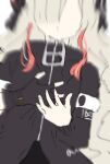  1girl black_gloves black_jacket blurry clutching_chest faceless faceless_female fingerless_gloves gloves grey_hair hair_over_one_eye heart_attack isekai_joucho jacket kamitsubaki_studio long_sleeves own_hands_together puffy_long_sleeves puffy_sleeves red_hair rice_(okome_no_naru_ki) simple_background single_glove solo virtual_youtuber white_background 