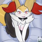  2023 anthro areola bed bed_sheet bedding bedroom_eyes bell bell_collar black_body braixen breasts choker collar digital_media_(artwork) female fur furniture generation_6_pokemon hi_res humanoid imminent_sex jewelry mammal medium_breasts miyang_draws! narrowed_eyes necklace nintendo pink_areola pokemon pokemon_(species) seductive signature simple_background solo tail tongue tongue_out tuft white_body white_fur yellow_body yellow_tail 