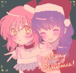  1boy 1girl blush braid choker closed_eyes dress facing_viewer fujisaki_nadeshiko green_background hat hetero highres hinamori_amu long_hair looking_at_another medium_hair merry_christmas mutsuki_(fujisakike) open_mouth otoko_no_ko pink_hair purple_hair red_choker red_dress santa_hat shugo_chara! smile yellow_eyes 