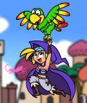  2022 avian beak building cape captainquack64 clothing cloud crossover day donkey_kong_(series) duo feathered_wings feathers female flying footwear hi_res human male mammal nintendo open_mouth open_smile palm_tree plant shantae_(series) signature sky_(shantae) smile squawk toony tree wayforward wings 