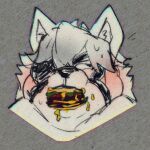  anthro blush burger double_chin eating embarrassed food fur furry hair hi_res holidaysoftfox male mihoyo overweight overweight_male solo von_lycaon white_body white_fur white_hair zenless_zone_zero 