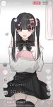  1girl :d bare_shoulders bear_hair_ornament black_hair black_shirt black_skirt black_thighhighs bow brown_eyes cross-shaped_pupils feet_out_of_frame hair_bow hair_ornament hairclip heart highres hugging_object jirai_kei kanju livestream long_hair long_sleeves off-shoulder_shirt off_shoulder original pink_bow pleated_skirt puffy_long_sleeves puffy_sleeves shirt sitting skirt sleeveless sleeveless_shirt sleeves_past_wrists smile solo stuffed_toy symbol-shaped_pupils thighhighs translation_request two_side_up white_shirt x_hair_ornament 