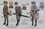  3girls absurdres animal_ears assault_rifle blue_eyes blue_hair brown_hair brown_jacket brown_pants chinese_text english_text estonian_flag explosive fang_zhenjun fox_ears fox_girl fox_tail green_eyes green_jacket green_pants grenade gun highres jacket latvian_flag lithuanian_flag machine_gun mg42 military_uniform mp40 multiple_girls original pants red_eyes rifle simplified_chinese_text stg44 stielhandgranate submachine_gun tail uniform weapon white_hair yellow_jacket yellow_pants 