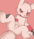  angry angry_eyes anthro anus balls blush claws fangs flaccid fluffy fluffy_tail fur generation_3_pokemon genitals hanaman highlights_(coloring) looking_at_viewer male nintendo penis pokemon pokemon_(species) red_background red_highlights simple_background solo spread_legs spreading tail teeth white_body white_fur zangoose 