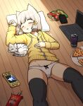  1girl alten animal_ears artist_name blunt_bangs blush cameltoe cat cat_ears cellphone chips_(food) computer energy_drink facial_mark food grey_hair hair_ribbon hand_on_own_chest hand_up highres hood hoodie kos-mos laptop nia_(xenoblade) nintendo_switch no_pants panties phone pillow pizza pocky ribbon short_hair sleeping solo thighhighs underwear wooden_floor xenoblade_chronicles_(series) xenoblade_chronicles_2 