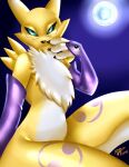  2018 3_fingers absurd_res anthro bandai_namco bedroom_eyes black_nose black_sclera chest_tuft clothing digimon digimon_(species) digital_drawing_(artwork) digital_media_(artwork) female fingerless_gloves fingers fluffy_chest fur gloves hand_on_own_face handwear hi_res looking_at_viewer moon mtapartstuff multicolored_body multicolored_fur narrowed_eyes renamon seductive signature smile smiling_at_viewer solo teal_eyes tuft two_tone_body two_tone_fur white_body white_fur yellow_body yellow_fur 
