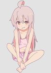  1girl absurdres ahoge bare_arms bare_legs bare_shoulders barefoot boyshort_panties bra brown_eyes collarbone commentary feet flat_chest full_body grey_background grin hair_between_eyes hand_on_own_foot highres long_hair looking_at_viewer navel onii-chan_wa_oshimai! outline oyama_mahiro panties pink_bra pink_hair pink_panties retoleedraws simple_background sitting smile solo toes underwear very_long_hair white_outline 